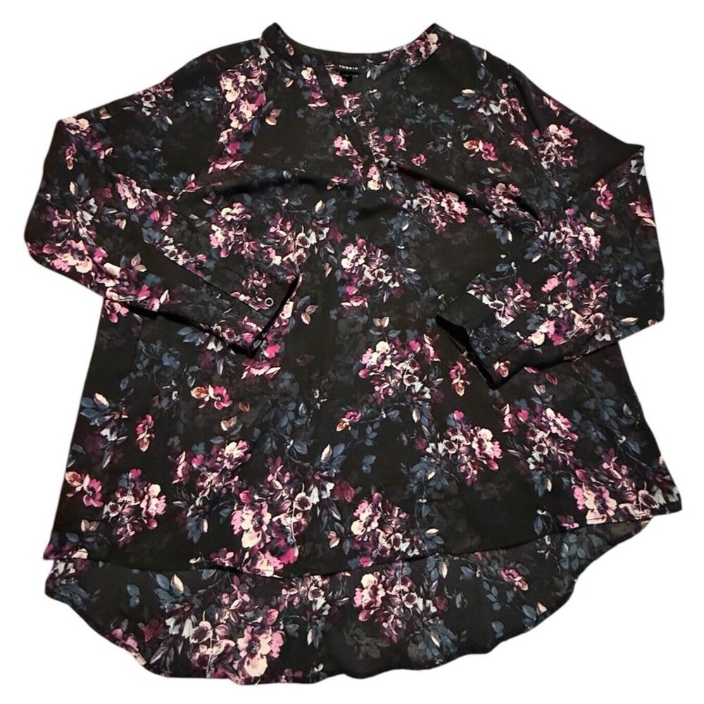 Torrid Blouse Womens‎ 2 Black Purple Floral Chiffon Mock Neck
